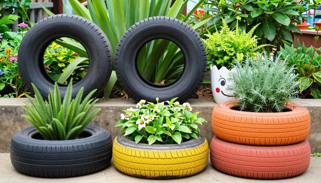 Beautiful garden display featuring multiple tire planters in various designs and colors creating a cohesive garden vignette