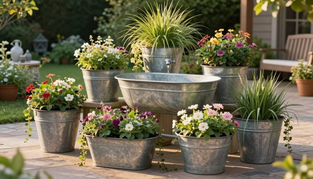 Beautiful garden display featuring multiple wash tub planters in a harmonious arrangement