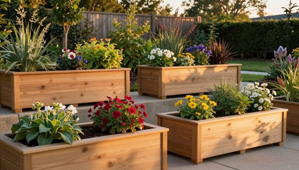 Beautiful garden scene with various cedar planter boxes integrated into the landscape Beautiful garden scene with various cedar planter boxes integrated into the landscape