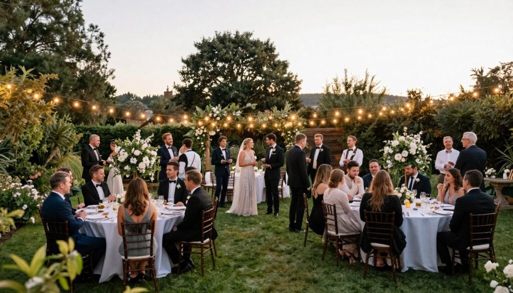 Beautiful garden wedding celebration with guests, decorations and natural setting