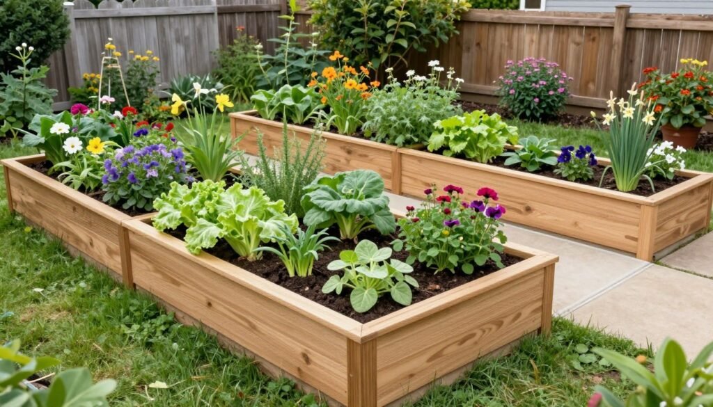 Beautiful garden with multiple DIY raised planter boxes in full bloom