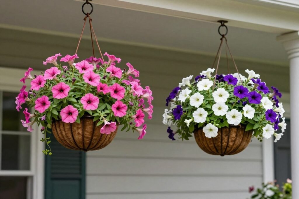 Beautiful hanging baskets with cascading flowers suspended from porch ceiling