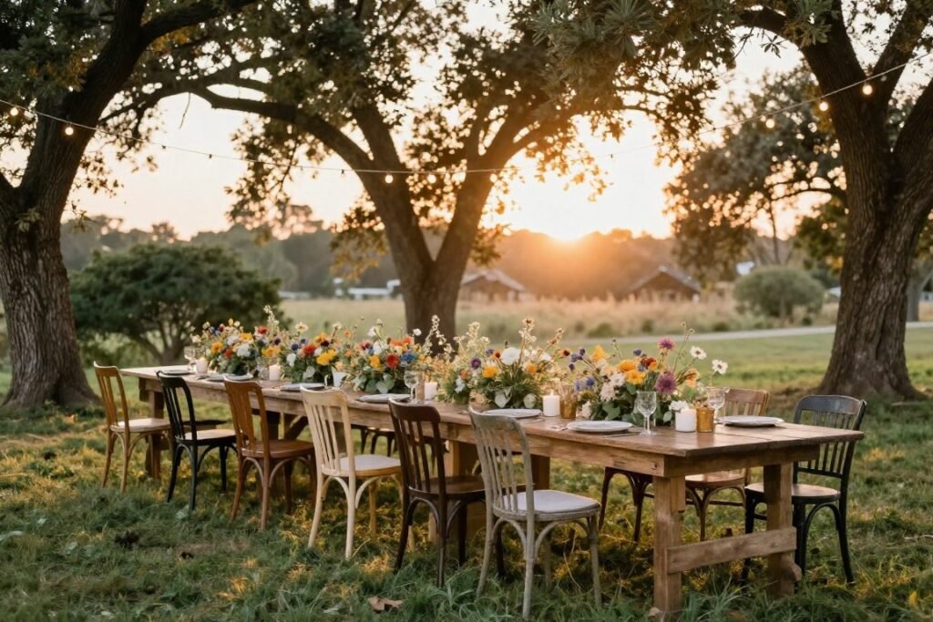 Beautiful outdoor garden wedding reception setup