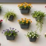 Beautiful outdoor wall with various wall planters displaying colorful flowers and trailing plants