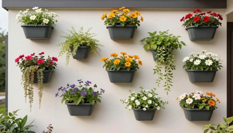 Beautiful outdoor wall with various wall planters displaying colorful flowers and trailing plants