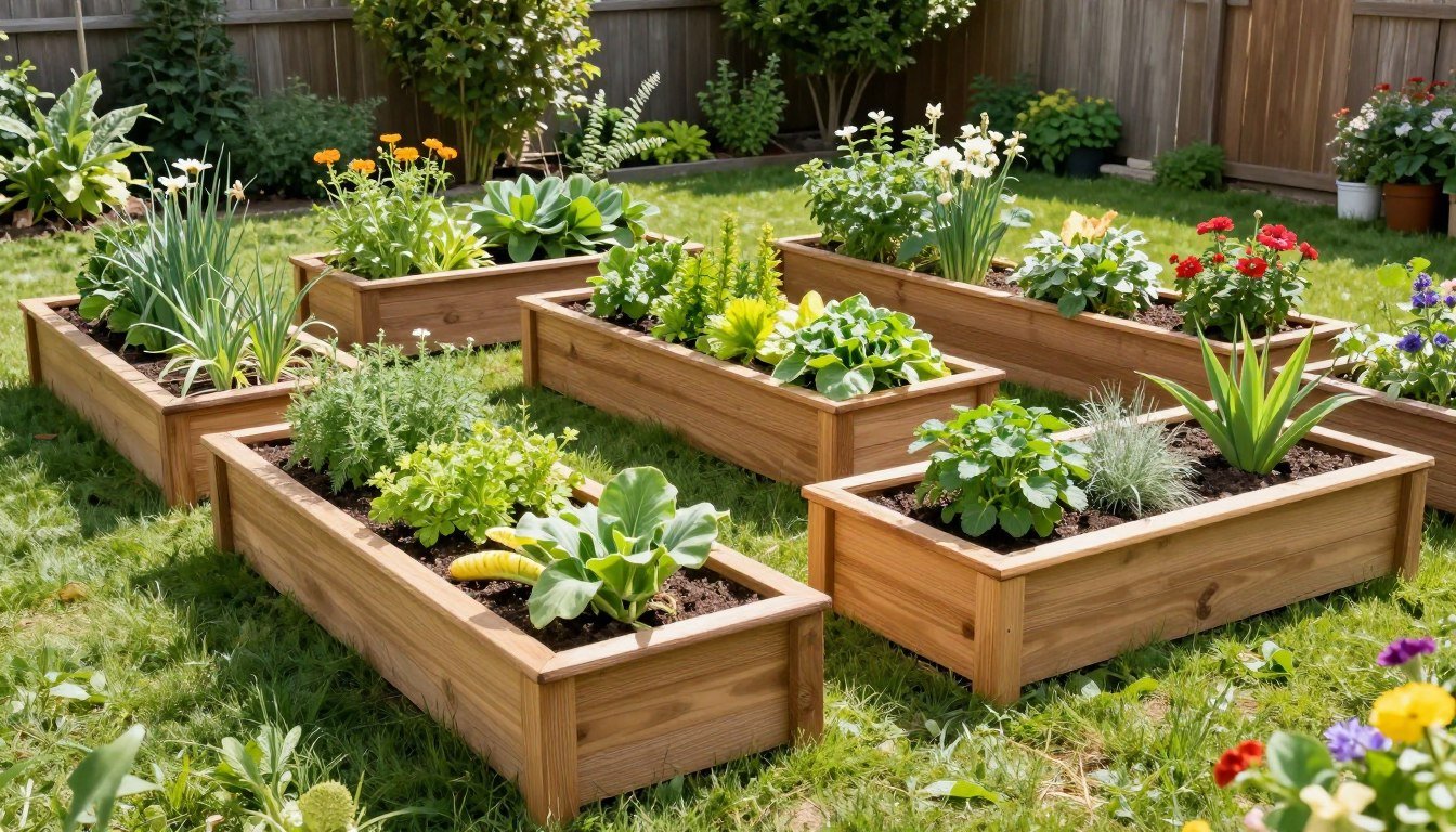 Beautiful raised planter boxes in a backyard garden with thriving vegetables and herbs