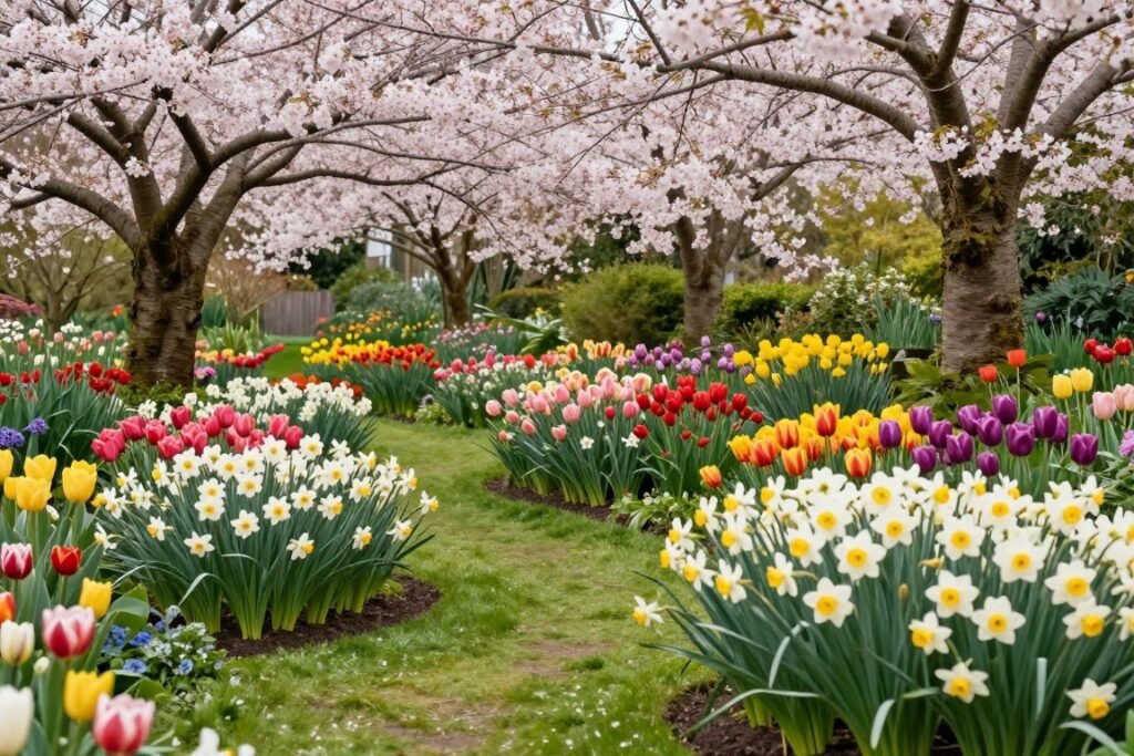 Beautiful spring garden in full bloom with colorful flowers Beautiful spring garden in full bloom with colorful flowers