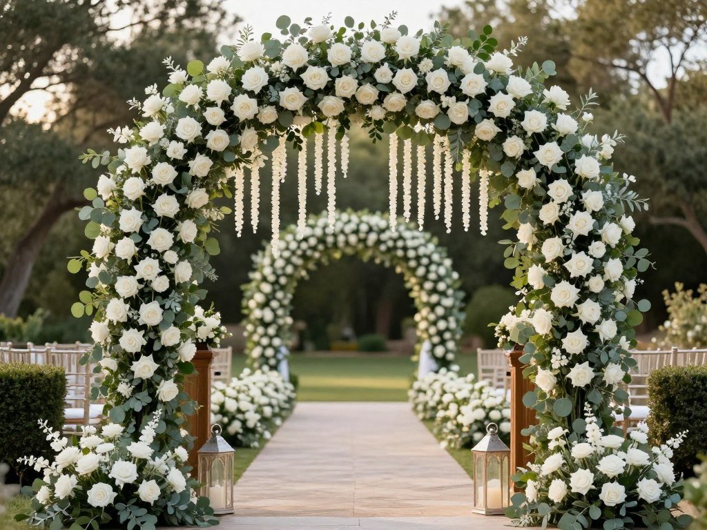 Beautiful wedding ceremony entrance decorated with floral arch and hanging greenery