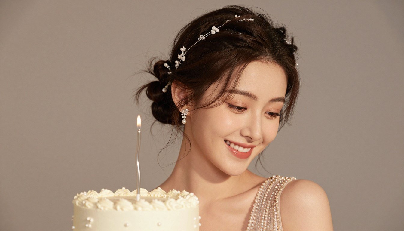 Beautiful woman with elegant birthday hairstyle wearing a sparkly dress