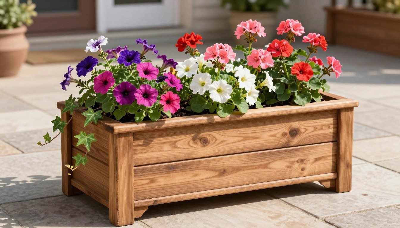 Beautiful wooden planter box filled with colorful flowers on a sunny patio