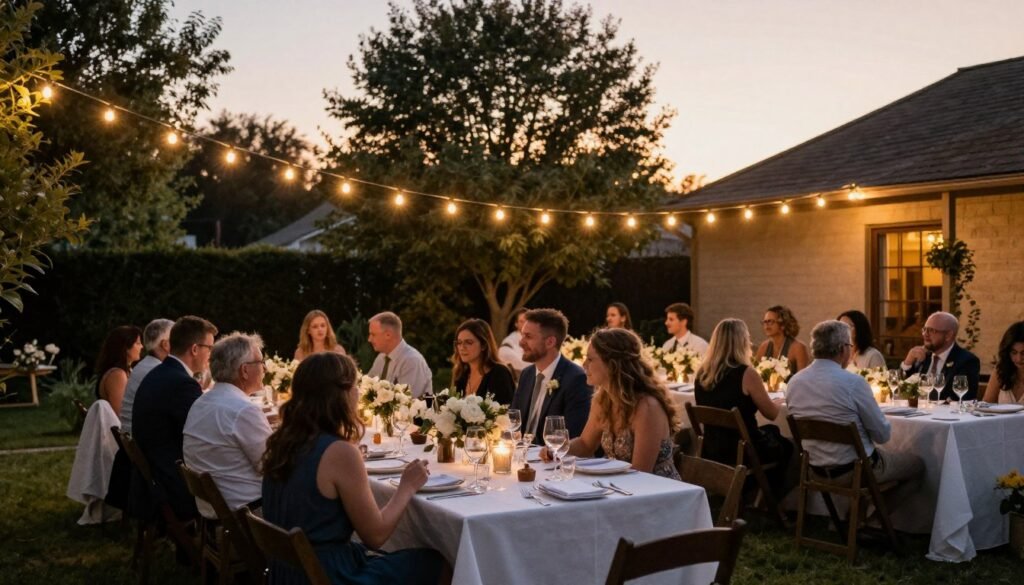 Beautifully decorated backyard wedding reception at sunset with string lights, floral centerpieces, and happy guests