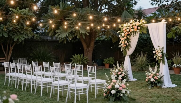 Beautifully decorated backyard wedding setup with string lights, floral arrangements, and elegant seating