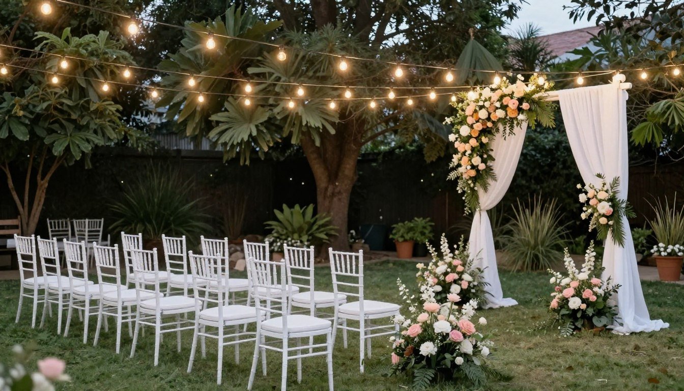 Beautifully decorated backyard wedding setup with string lights, floral arrangements, and elegant seating
