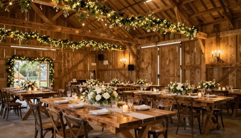 Beautifully decorated barn wedding venue with hanging greenery, string lights, and rustic wooden tables Beautifully decorated barn wedding venue with hanging greenery, string lights, and rustic wooden tables