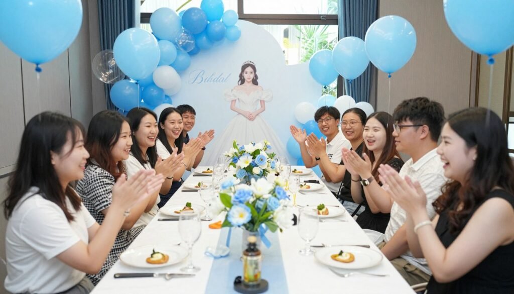 Beautifully decorated blue bridal shower with happy guests celebrating around the bride-to-be