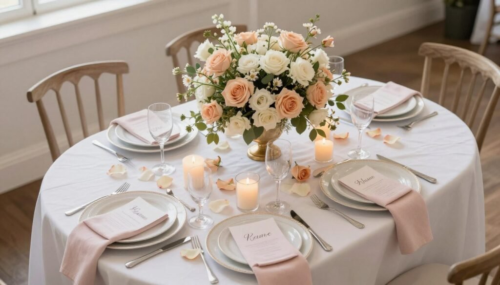 Beautifully decorated bridal shower table with centerpiece, place settings, and coordinated decor