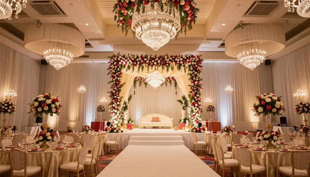 Beautifully decorated desi wedding venue with comprehensive decor elements showing mandap, seating, and lighting