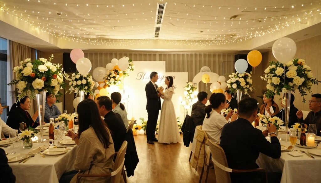 Beautifully decorated engagement party with happy couple and guests enjoying the celebration