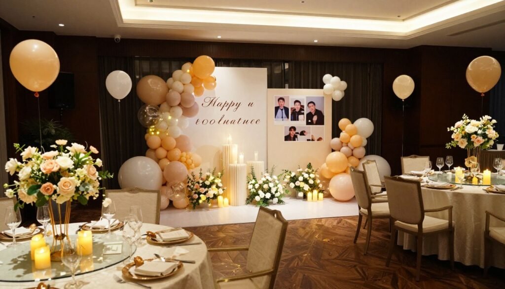 Beautifully decorated engagement party with multiple decor elements creating a cohesive atmosphere