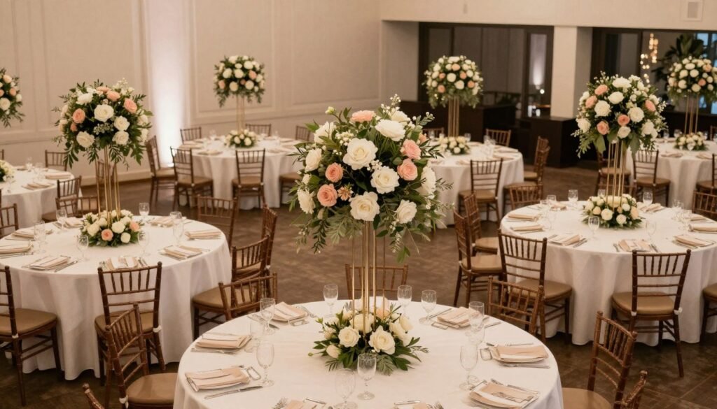 Beautifully decorated round wedding reception tables with elegant circle wedding table decor