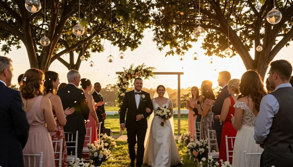 Beautifully decorated wedding ceremony at sunset with happy couple