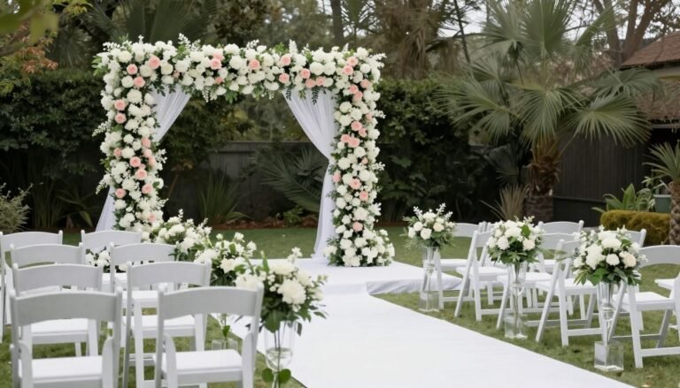Beautifully decorated wedding ceremony space with floral arch and aisle decorations