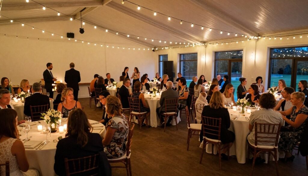 Beautifully decorated wedding reception with personal touches, happy guests, and warm atmosphere