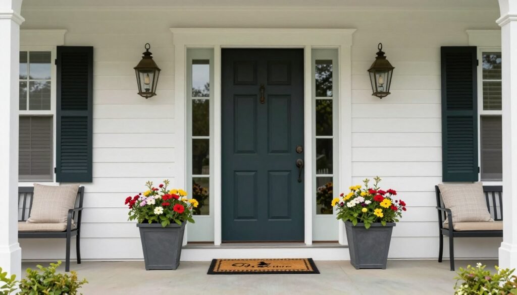 Beautifully styled front porch with symmetrically arranged planters, a welcome mat, and coordinating decor