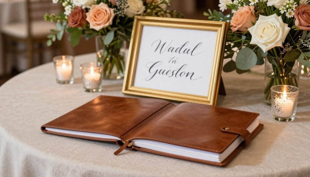 Beautifully styled guest book table with perfect composition and lighting Beautifully styled guest book table with perfect composition and lighting