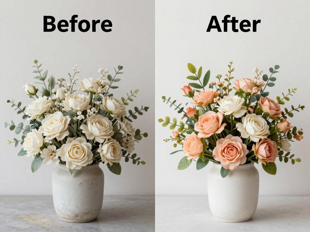 Before and after images of a refreshed fake flowers decor arrangement showing simple updates Before and after images of a refreshed fake flowers decor arrangement showing simple updates