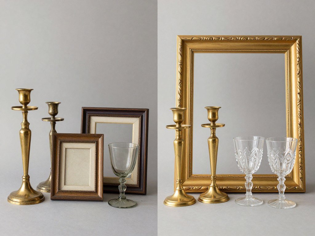 Before and after images of thrifted wedding decor items that have been cleaned, painted, or otherwise transformed Before and after images of thrifted wedding decor items that have been cleaned, painted, or otherwise transformed