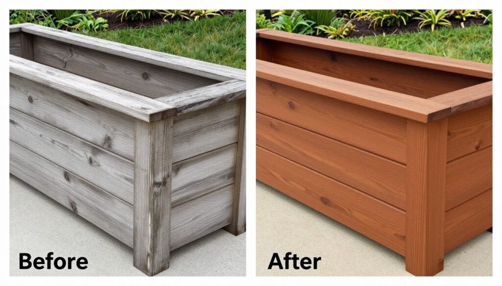 Before and after of a refinished cedar planter box showing the restoration process Before and after of a refinished cedar planter box showing the restoration process