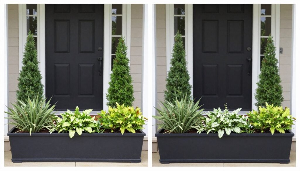 Before and after of front door planters showing improved design with proper scale, color coordination, and plant selection