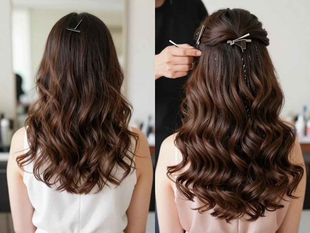 Before and after showing bridesmaid hair extensions for wedding length and volume