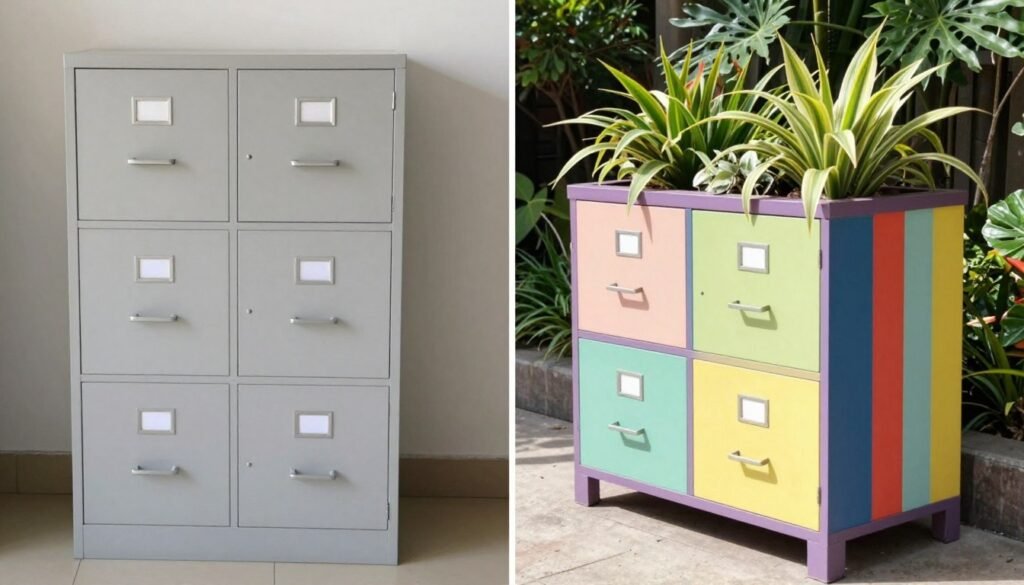 Before and after transformation of a file cabinet into a beautiful planter