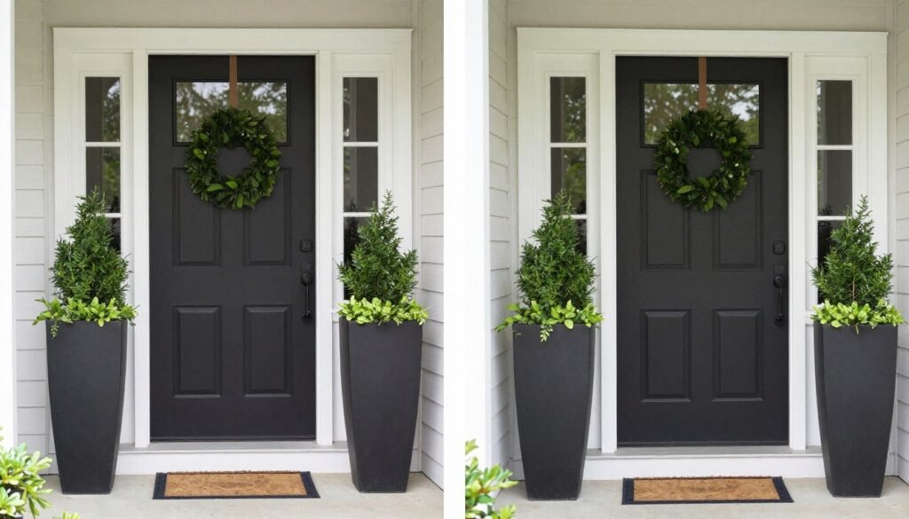 Before and after transformation of a front entryway using tall planters showing dramatic improvement in curb appeal Before and after transformation of a front entryway using tall planters showing dramatic improvement in curb appeal