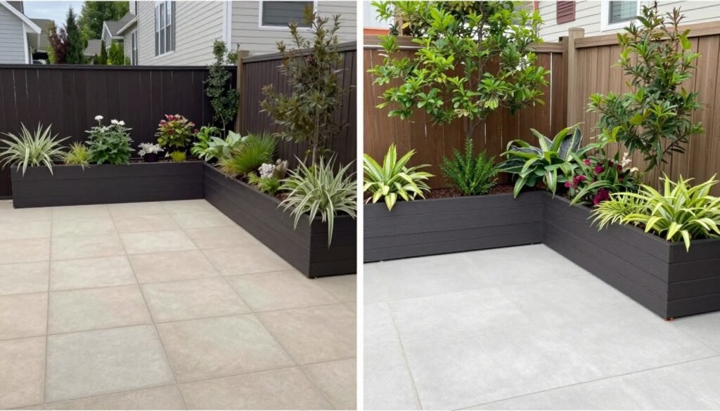 Before and after transformation of a patio using privacy planters
