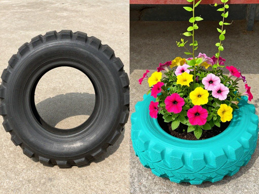 Before and after transformation of a plain black tire into a brightly painted floral tire planter with blooming flowers