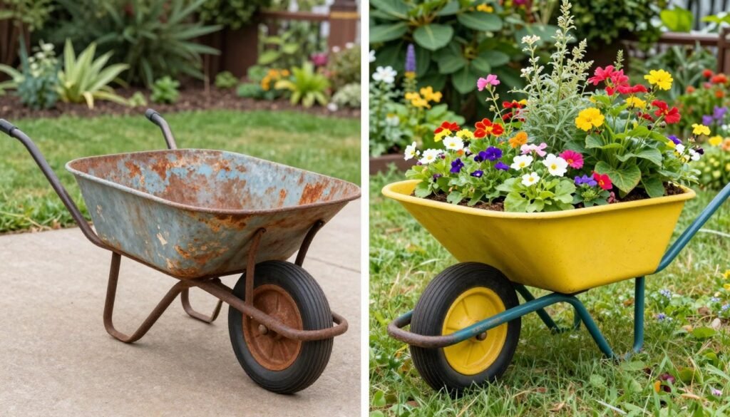 Before and after transformation of an old wheelbarrow into a beautiful garden planter showing the dramatic improvement Before and after transformation of an old wheelbarrow into a beautiful garden planter showing the dramatic improvement