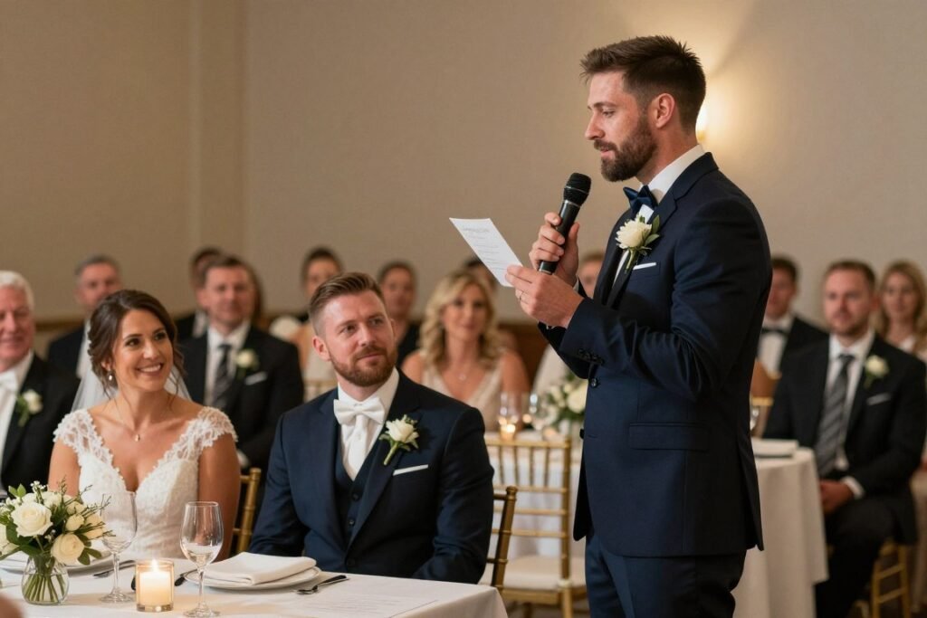 Best man giving toast at wedding reception while couple watches