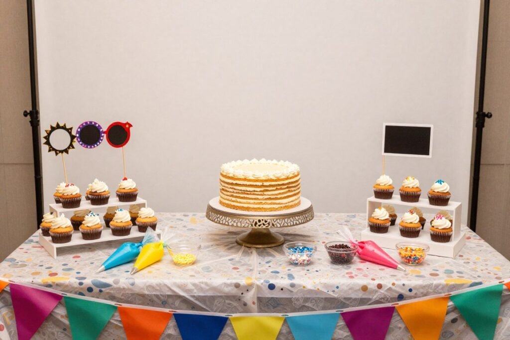 Birthday cake table with interactive elements including DIY decorating station and photo props