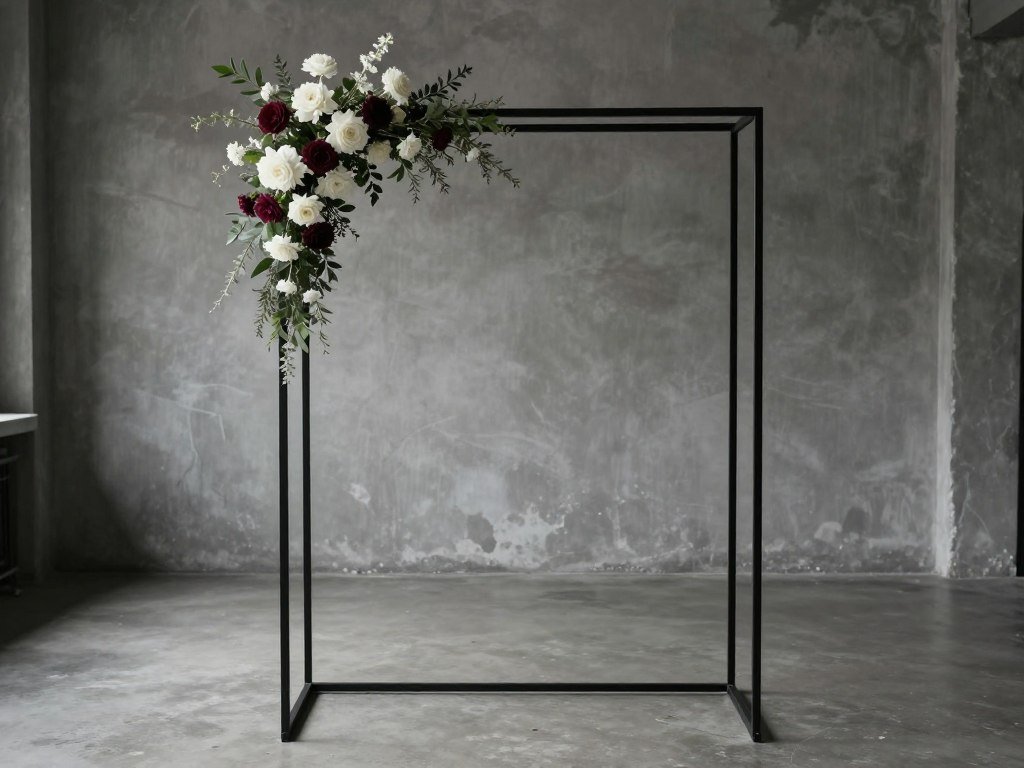 Black metal minimalist arch decoration wedding with asymmetrical flowers