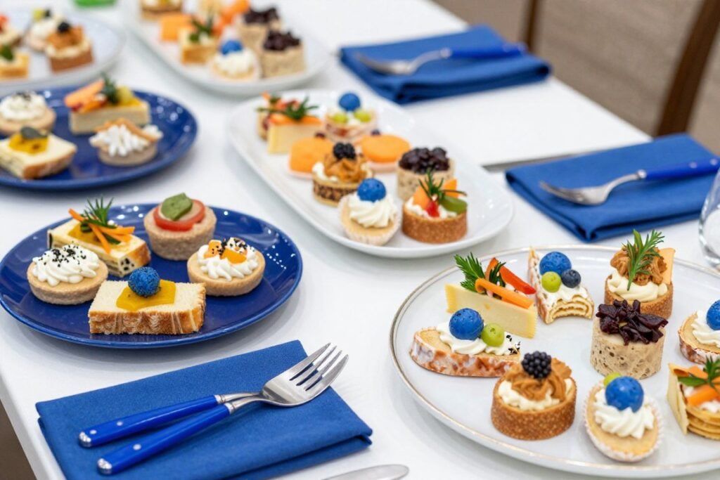 Blue and white serving platters with elegant finger foods and blue napkins