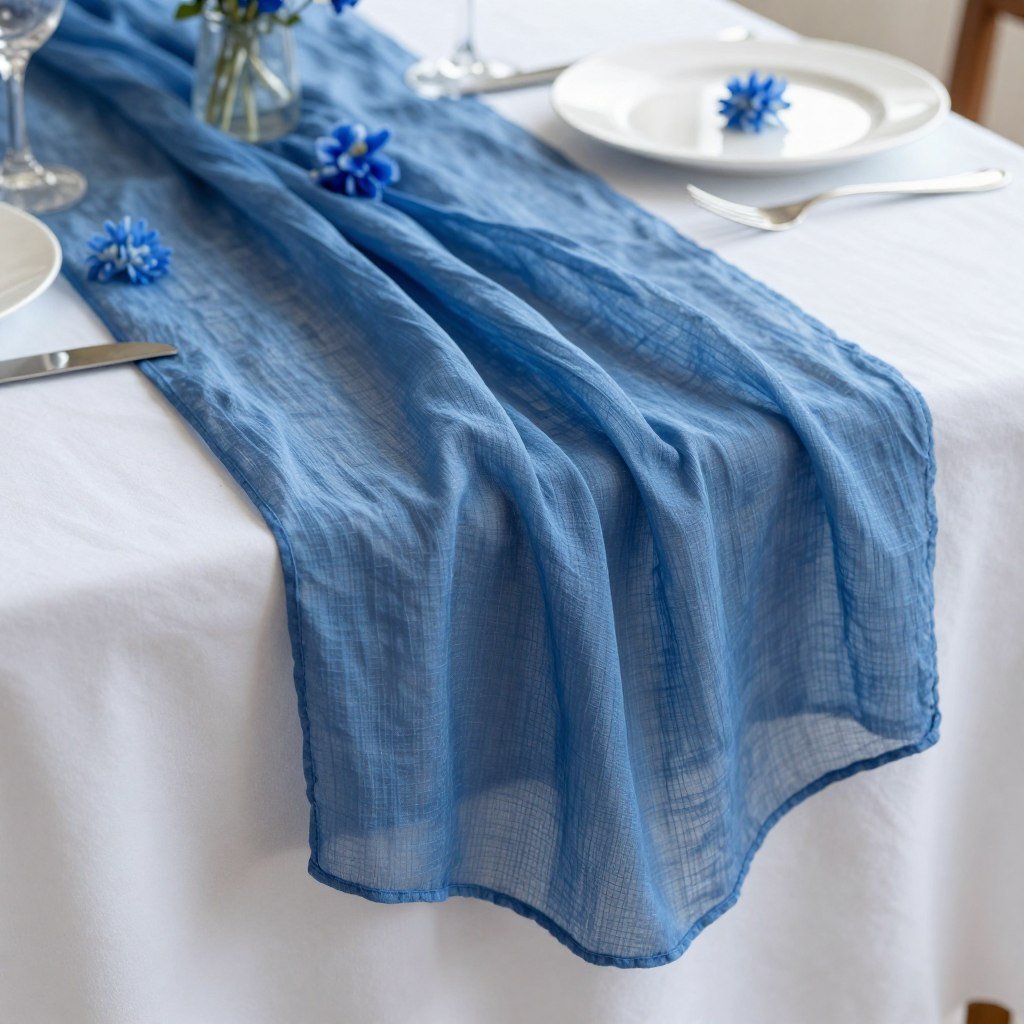 Blue cheesecloth table runner on white tablecloth with place settings