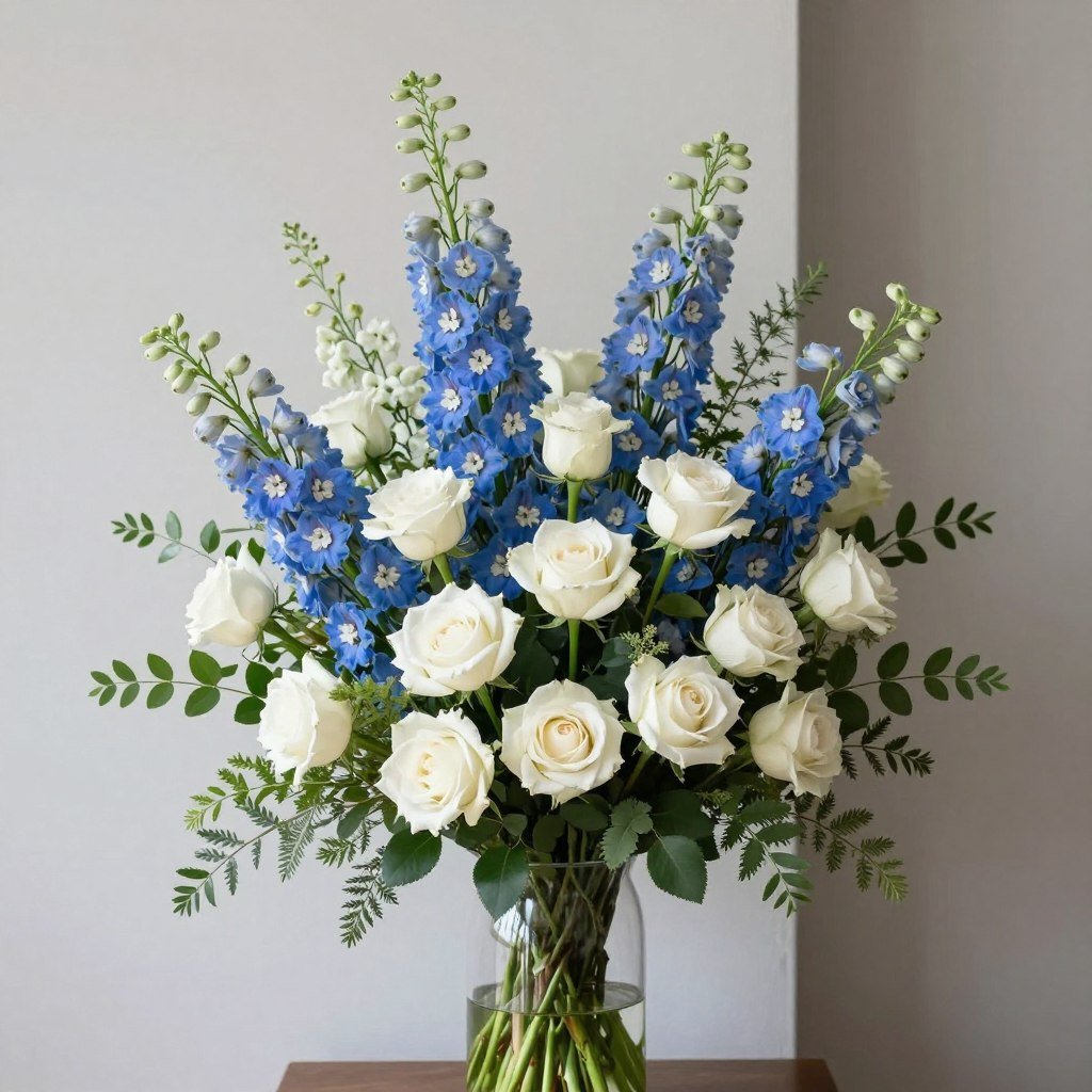 Blue delphinium and white rose mixed arrangement
