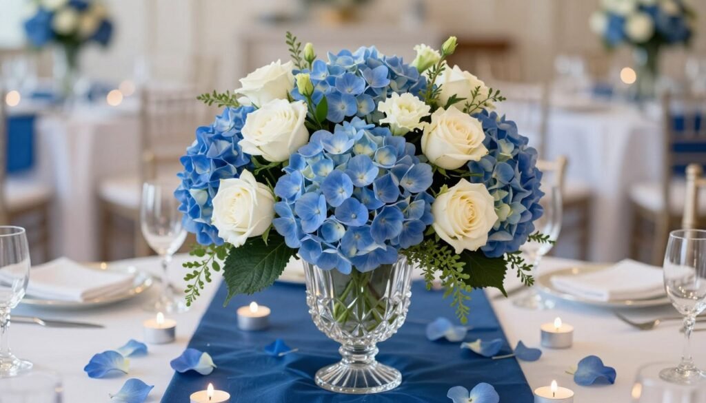 Blue hydrangea and white rose centerpiece in crystal vase on blue table runner