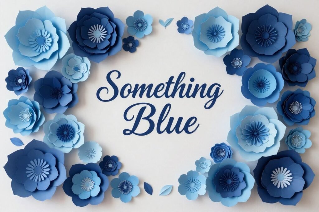 Blue paper flower wall with 'Something Blue' sign in elegant typography