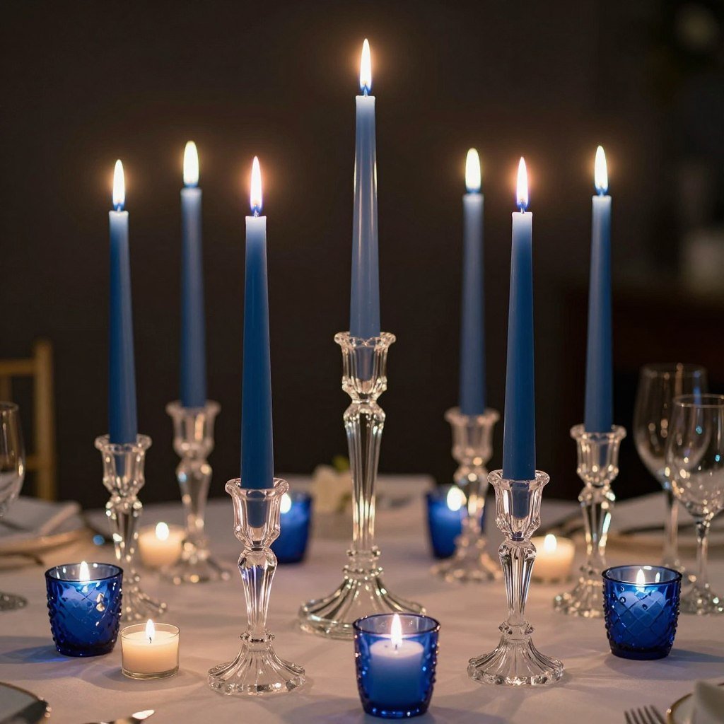 Blue taper candles in crystal holders with scattered tea lights creating ambient lighting