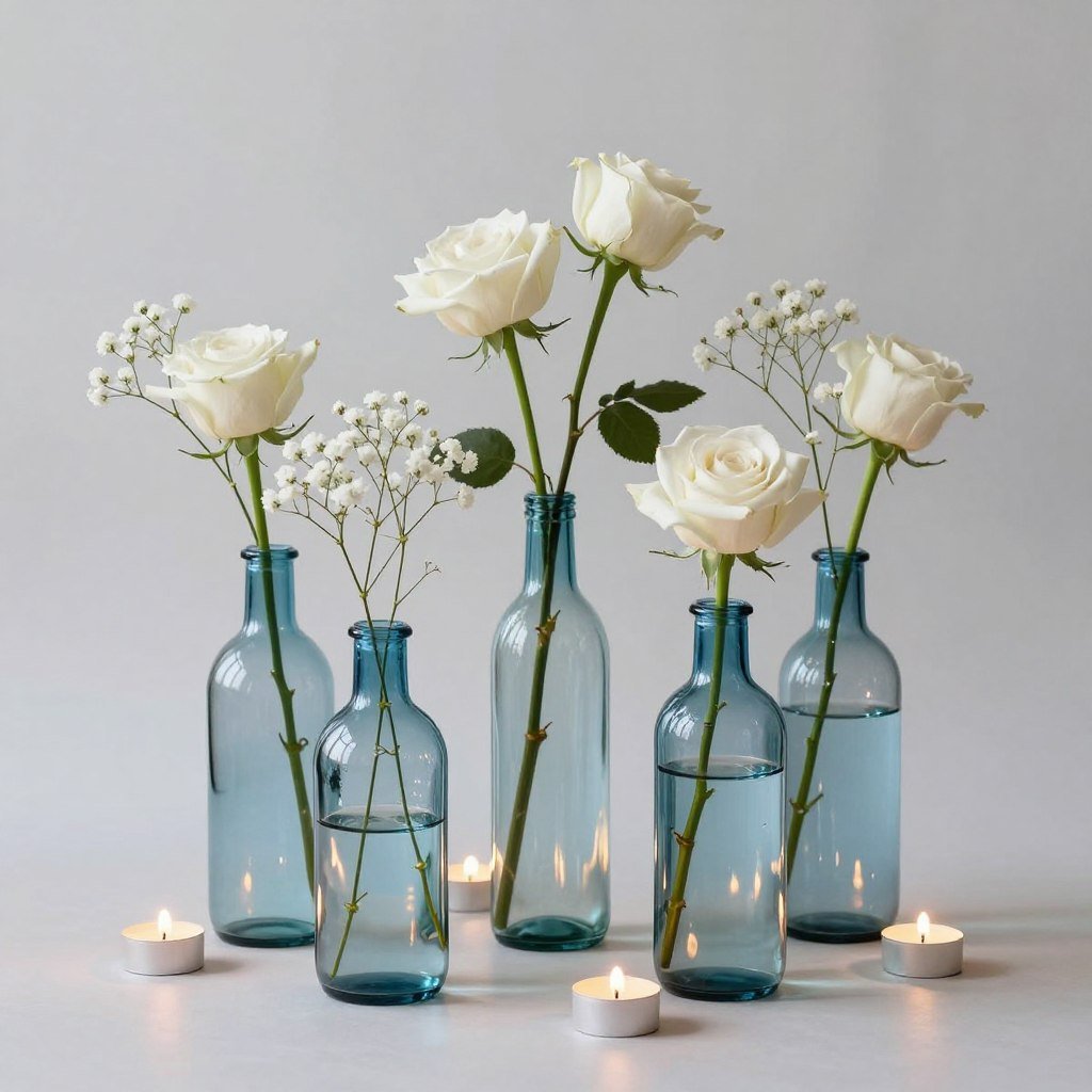Blue tinted glass bottles with single stems and candles