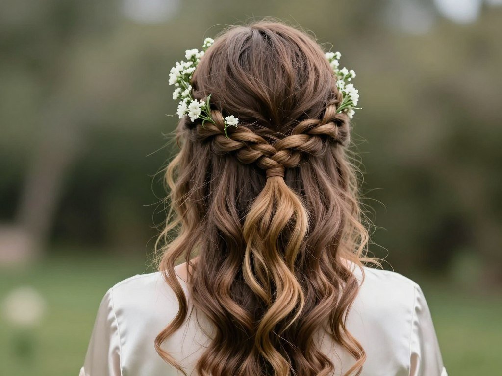 Bohemian braided crown bridesmaid hairstyle with flowers for outdoor wedding